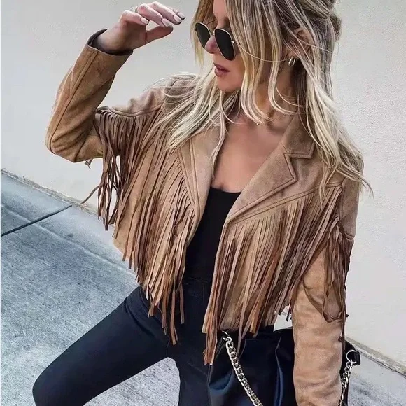 Tassel suede women fringe jacket long sleeve jacket Fits true to size